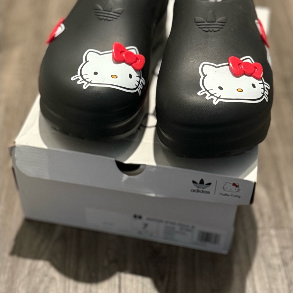 Adidas Black Clogs with Hello Kitty Design